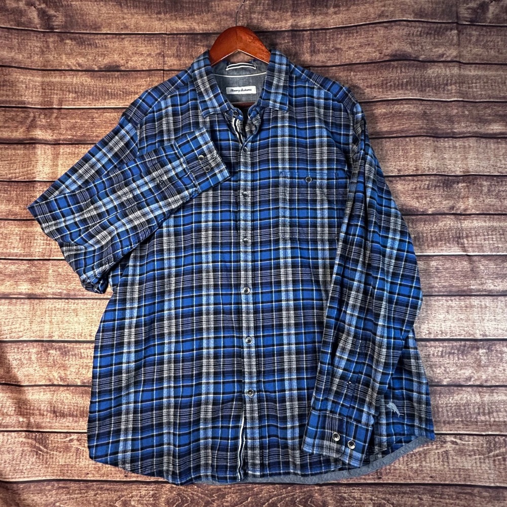 Tommy Bahama Mens XL Blue Gray Plaid Flannel Long Sleeve Button Down Shirt